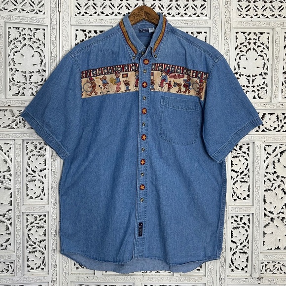 Vintage Grannycore Marching Bear Band Denim Button Up Shirt Sz Medium - Picture 1 of 9